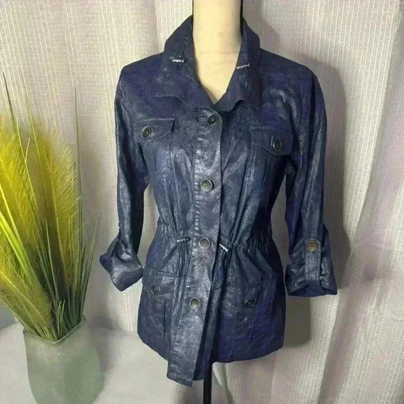 Chicos Women’s 1 M Jacket Metallic Chambray 3/4 Sleeve Paisley Elastic Waist - Picture 1 of 8
